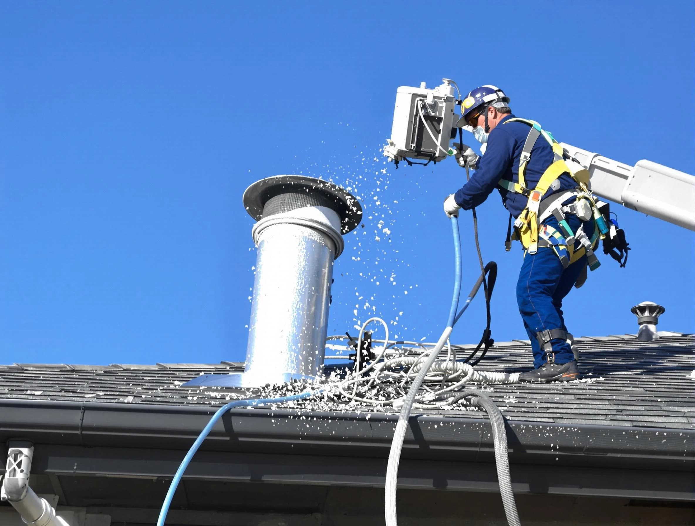Summit Park Dryer Vent Cleaning certified technician safely cleaning a roof-mounted dryer vent in Summit Park