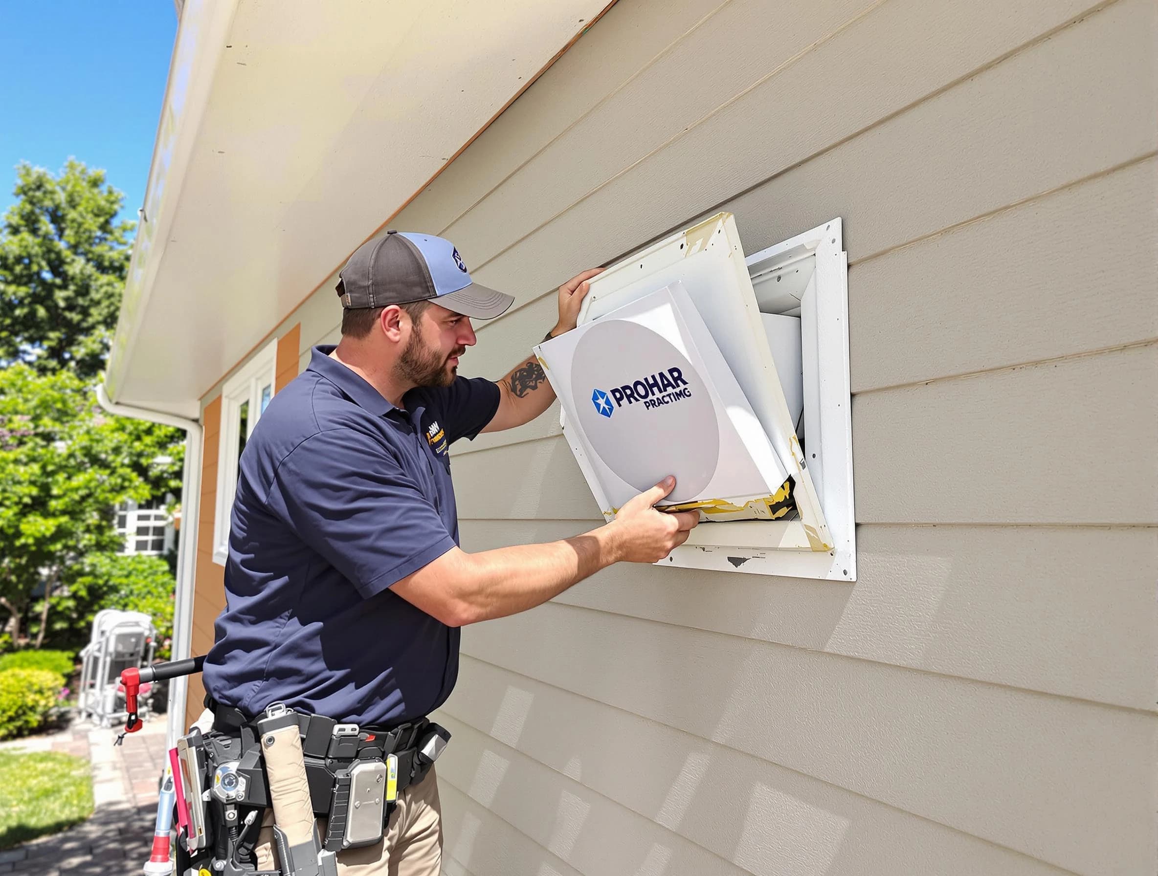 Summit Park Dryer Vent Cleaning technician installing a new protective dryer vent cover on a home in Summit Park