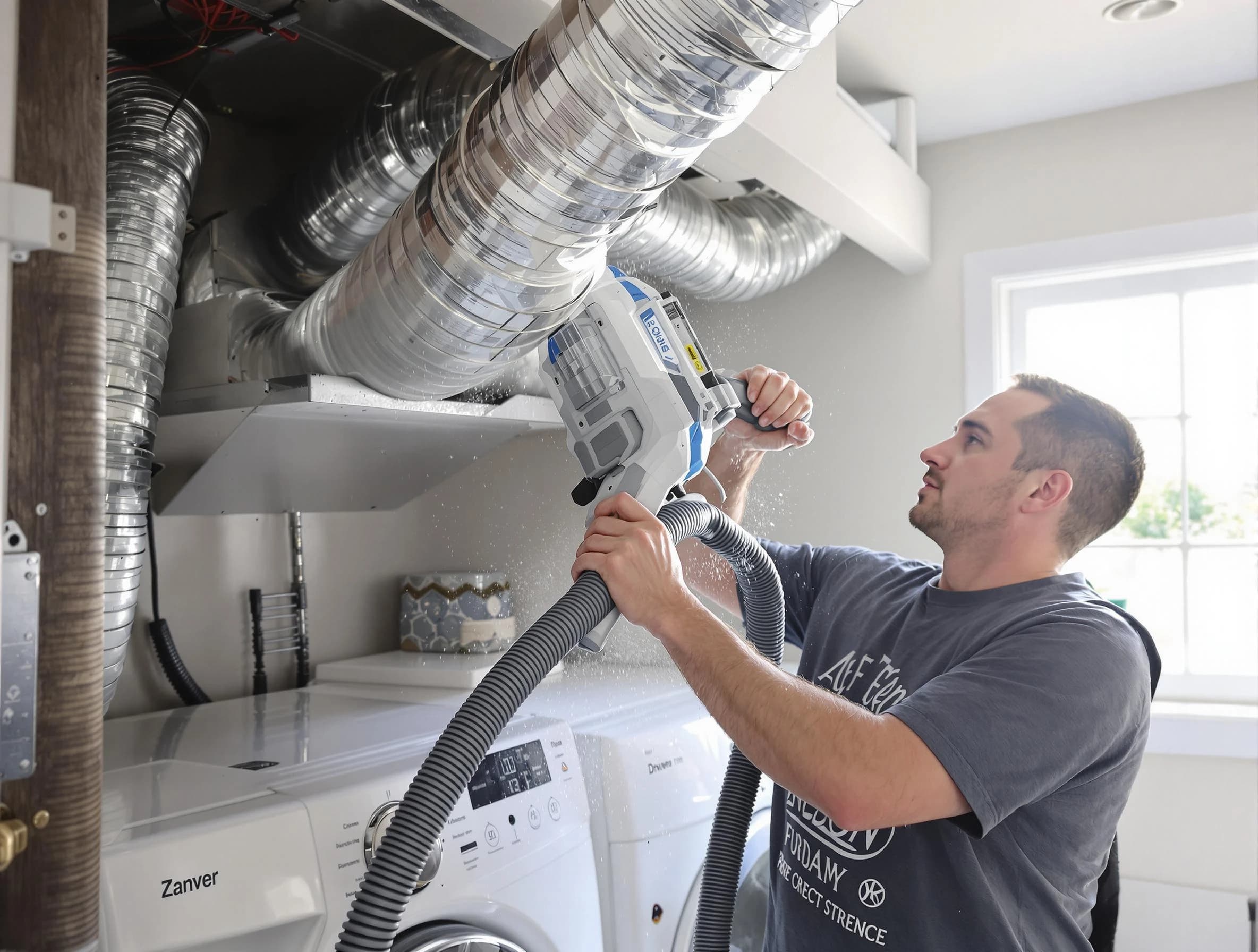 Summit Park Dryer Vent Cleaning specialist cleaning deep within a dryer vent duct system in Summit Park